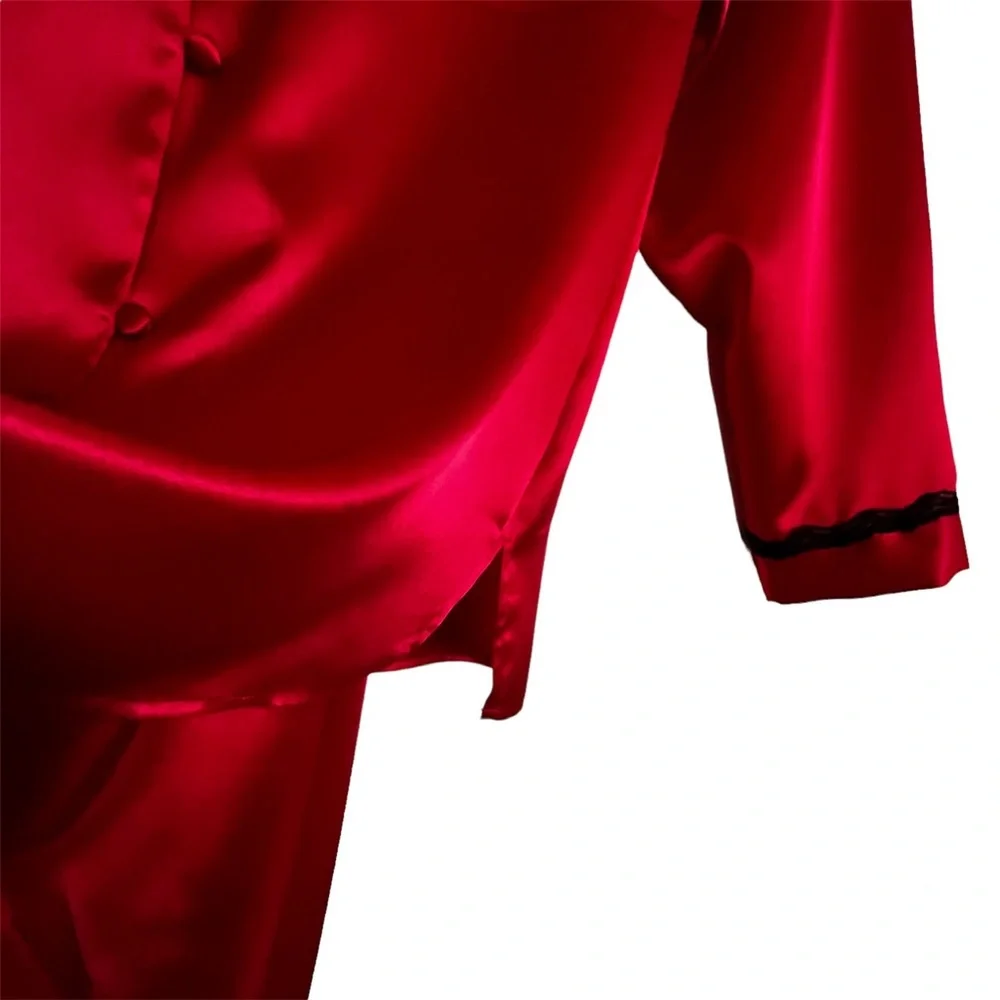 Private Luxuries 2 Piece Long-Sleeve Red Satin Pajama Set Perfect Condition NWOT - Picture 4 of 16